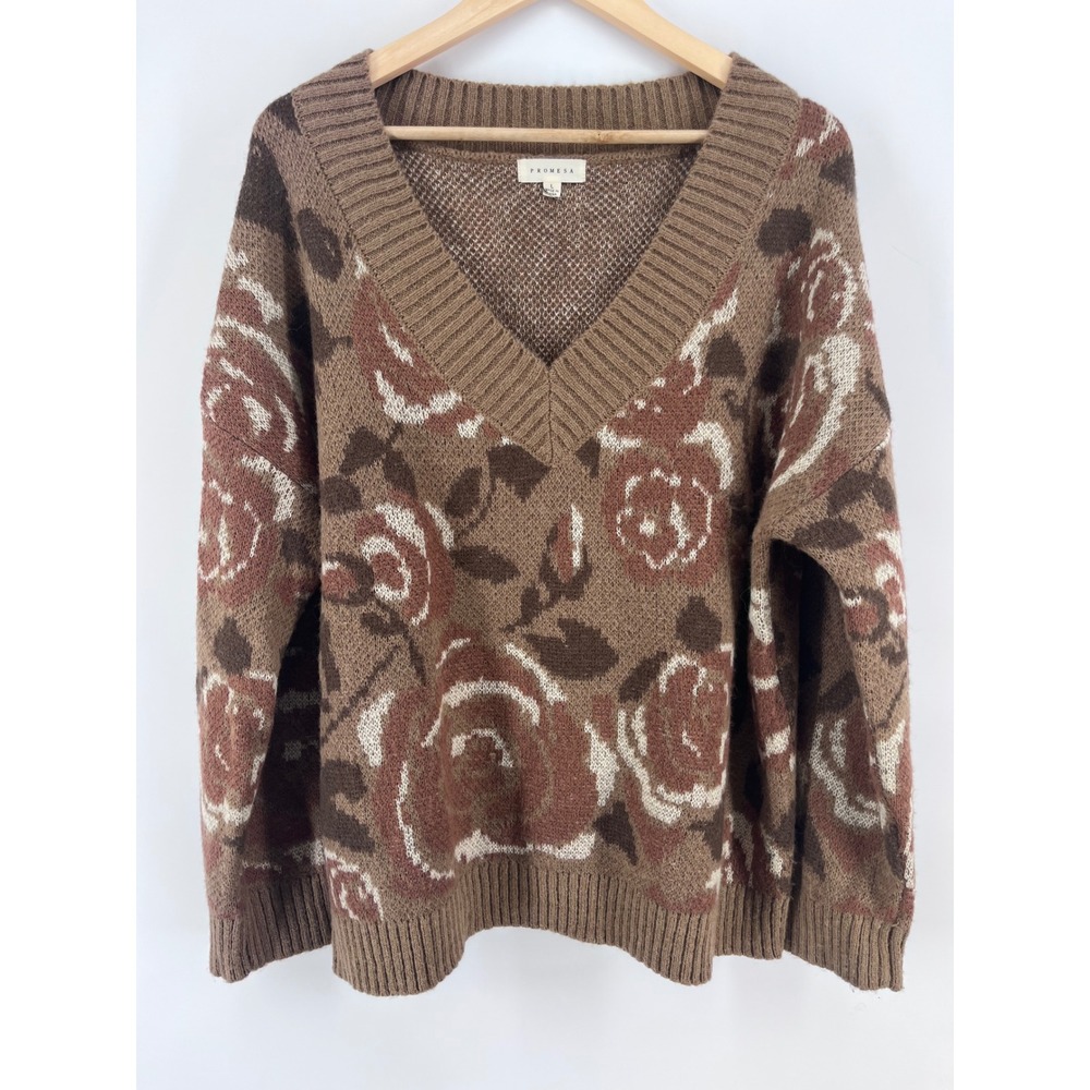 Brown Floral Rose Intarsia V-Neck Oversized Wool Blend Sweater L Grannycore Cozy